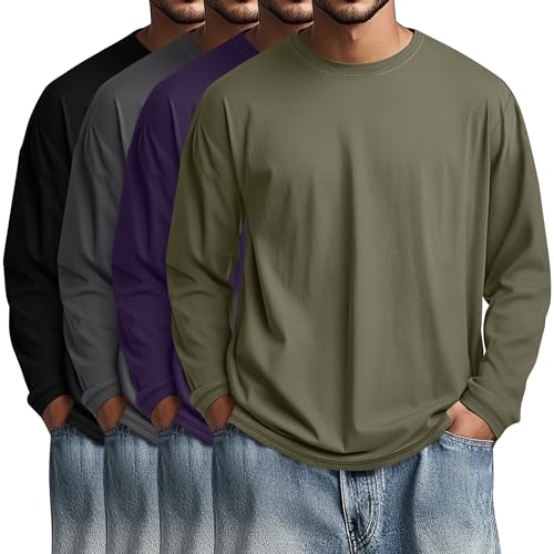 Image of August Alley 4 Pack Men's Big and Tall Cotton Shirts L-7XL, Long Sleeve Oversized Tops Loose Casual Large T-Shirts Basic Tee