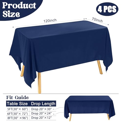 Image of 4 Pack Rectangle Tablecloth for 6 Foot Tables Washable Polyester Table Cover for Wedding Dining Table Parties Banquet(70x120 Navy Blue)