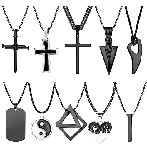 YADOCA 10 Pcs Stainless Steel Necklace for Men Black Dog Tags Bar Nail Pendant Spearpoint Arrowhead Viking Cross Chain Set Cool Men Jewelry 22 Inch
