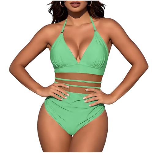 Women Slimming Tummy Control One Piece Swimsuit Sexy Mesh Patchwork Halter V Neck Bathing Suit Summer Fashion Green