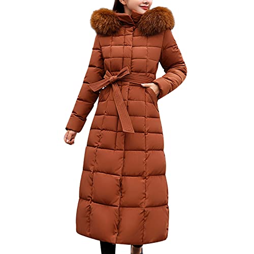 TEPTDirio Women's Long Quilted Coat Hooded Down Jackets Maxi Length Long Sleeve Puffer Jacket Padded Coat Windbreaker with Belt Ladies Plus Size Cardigan Tops Winter Warm Outerwear