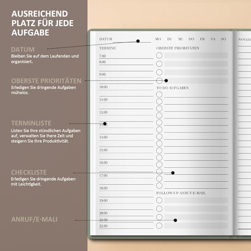 BIROYAL Tagesplaner Undatiert A5 - Daily Planner - To Do Planer mit Terminplan, Notizen & Planung - 7 Uhr bis 22 Uhr - To Do Listen Buch - Tagesübersichten HardCover - Terminplaner Für Büro