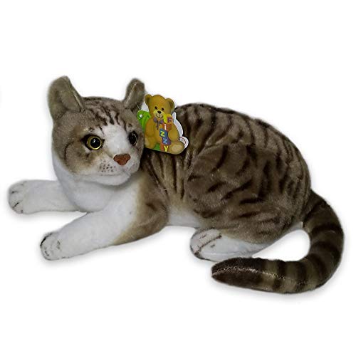 Pelucia Gato Medio Realista Cinza Tigrado Rajado Deitado