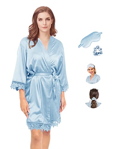 Robes en soie pour femme avec bordure en dentelle et satin pour fête de mariage avec masques et chouchous en satin 3 en 1, azur, taille unique Cover