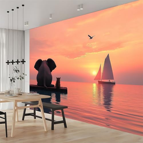 Papier peint coucher de soleil éléphants pour masquer les défauts du mur - 5