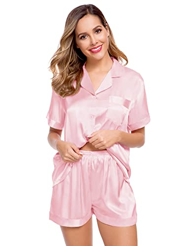 Image of LecGee Womens Silk Satin Pajamas Short Sleeve Loungewear Two-Piece Sleepwear Button-Down Pj Set