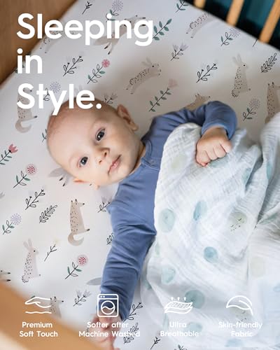 Image of Boy Crib Sheets, TotBasic Premium Soft Crib Mattress Sheet Fitted, Ultra Breathable Crib Fitted Sheet, Super Stretchy Baby Bed Sheets 28''x52''x9'' Extra Deep Pocket (Woodland Deer & Rabbit Fox)