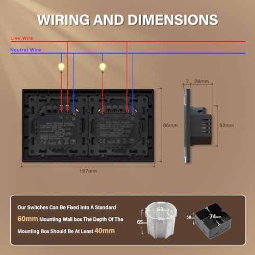 BSEED WIFI 1 Fach 1 Weg Lichtschalter mit Smart Dimmer Compatibel mit Google Home und Alexa Neutrale Leitung Benötigt, Schwarz