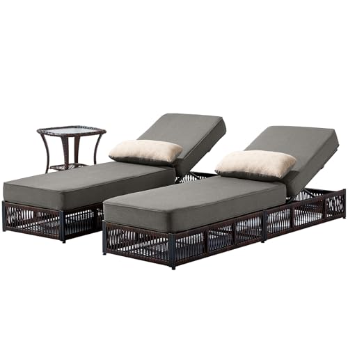ACTREST Luxury Outdoor Chaise Lounge Chairs of 2 with 5 Inch Thick Cushions and Side Table - 3 PCS High Back Brown Wicker Rattan Patio Recliners Lounger Furniture Set for Poolside Sunbathing - Grey