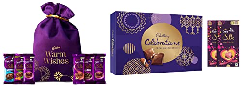Image of Cadbury Silk Potli Valentines Pack, 343g & Celebrations Chocolate Gift Pack - Assorted, Premium, 281 g & Dairy Milk Silk Valentine's Heart Blush Bar, 2 X 250 g