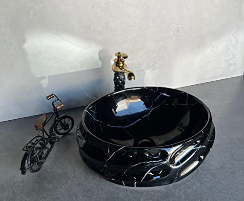 Image of Designer Glossy Finish Ceramic Art Table Top Wash Basin For Bathroom | Collapsible Countertop Washbasin (Black White Glossy Art, 16 x 13 x 6 Inch)