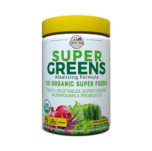 Country Farms Super Greens Banana Flavor, 50 Organic Super Foods, USDA Organic Drink Mix, 20 Servings, 10.6 Ounce