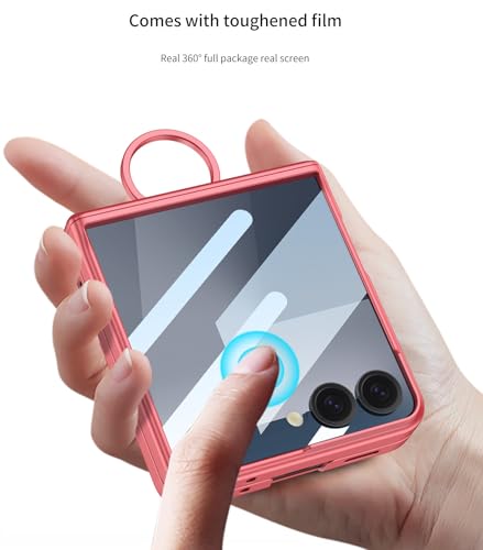 Image of Midkart Ring Case Compatible with Samsung Galaxy Z Flip 7 Release 2025 Magnetic Hinge Protection Ring Holder Hard PC with Front Glass Cover 360-degree Protection, Coral Red