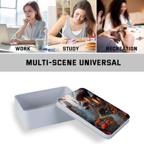 Image of Metal Tin Box with Lid,Multi-functional Storage Large Box Can Store Tea Biscuits Game Cards, Playing & Tarot Cards-Comes with 4 Magnetic Cord Clips,Mushroom Houses in Forest