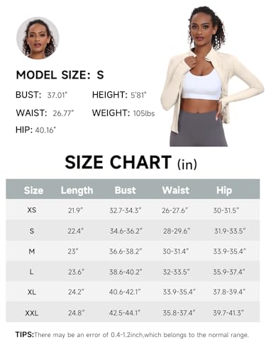 VUTRU Jaqueta feminina de ioga para treino leve e slim fit, jaqueta atlética com zíper completo, Beg
