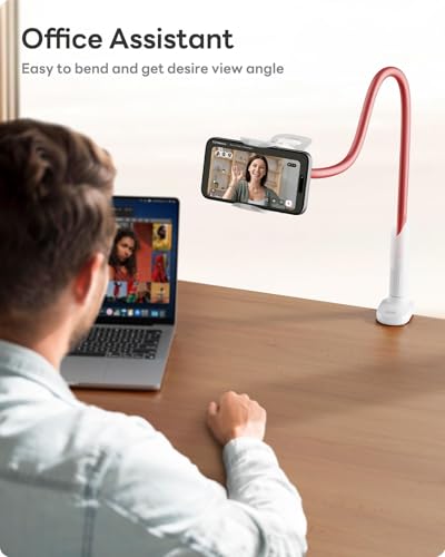 Image of SAIJI Gooseneck Phone Stand for Bed, Lazy Bracket Cell Phone Holder Long Arm Clip Clamp Mount for Filming, Compatible with 4-7'' Mobile Cell Phone Stand Document Camera Nintendo Switch (Rose Gold)