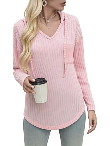 Image of Famulily Comfy Women's Striped Jumpers V Neck Hoodies, Ladies Brushed Sweatshirt with Drawstring Hood (M, Pink)