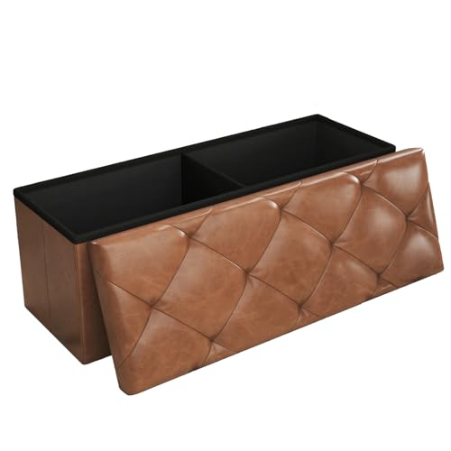 SAMRELAX Ottoman with Storage, 43'' W x 15'' D x 15'' H Storage Ottoman Bench, Leather Ottoman Folding Bench for Living Room, Entryway, End of Bed, Brown