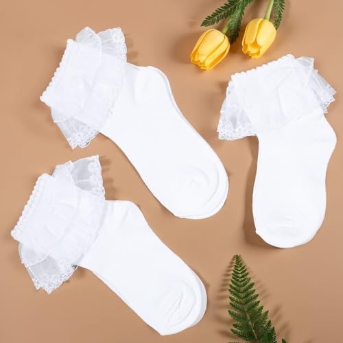 3 Pairs Ladies Lace Ankle Socks White Ruffle Socks Woman Cute Design Lace Ankle Sock Princess Soft Cotton Double Layer Laces Trim Lolita Sock for Women3