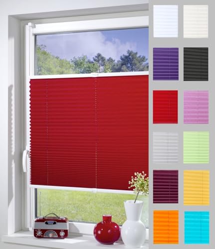 DécoProfi Plissee ohne Bohren ROT 80cm x 220cm (max. Gesamthöhe Fensterflügel) I Verspannte Plissees nach Maß mit Klemmträger/Klemmfix I Blickdichte Innenrahmen-Plissees zum Klemmen