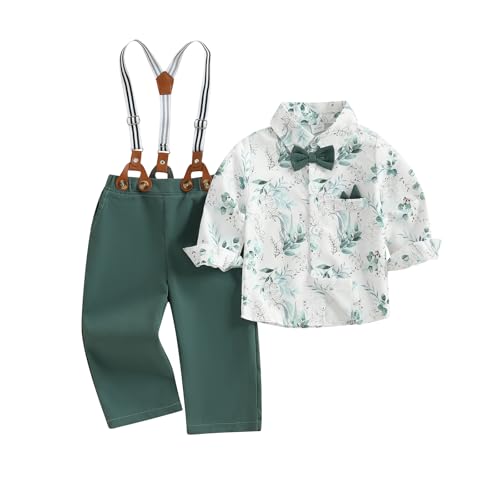 MAHUAOYIXI Toddler Boys Gentleman Outfits Long Sleeve Lapel Neck Floral Shirts Button Up Top with Bowtie and Elastic Suspender Pants Overalls 3Pcs Sets Baby Boy Tracksuit (Green, 12-18 Months)