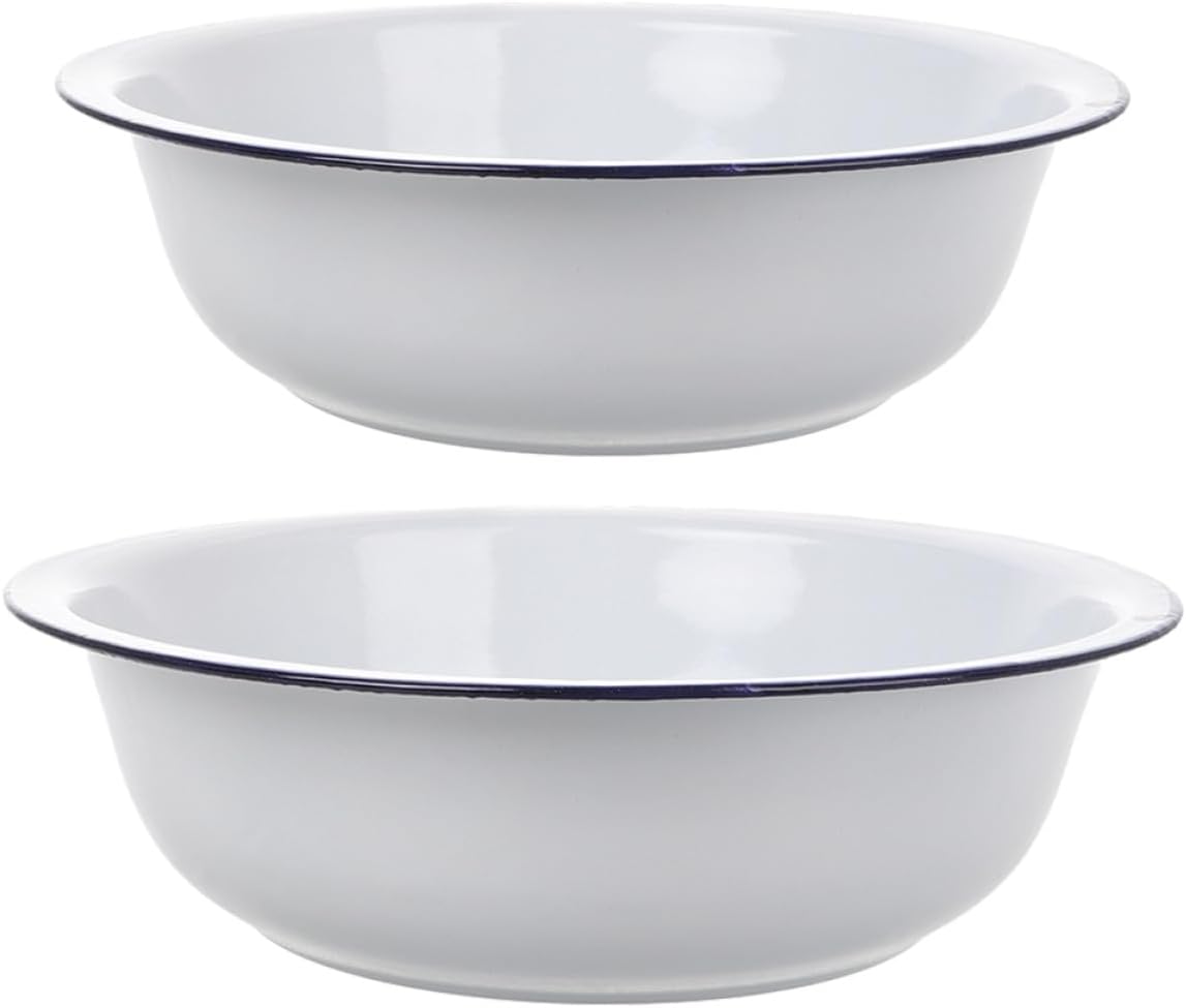 Ciieeo Enamel Bowl Set 2pcs 30cm 32cm White Vintage Mixing Bowls Thickened Enamelware Fruit Washing Basin Household