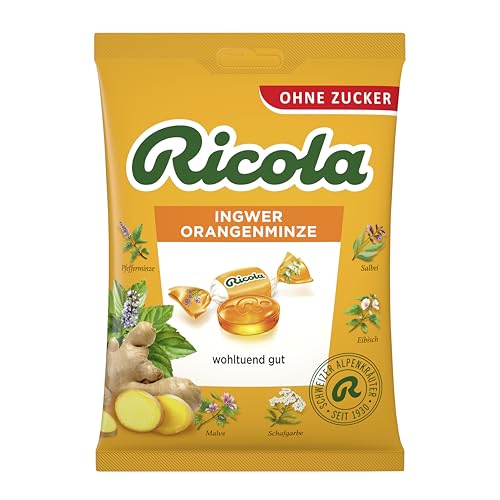 Ricola Ingwer & Orangenminze, 75g Beutel Original Schweizer Kräuter-Bonbons mit 13 Alpenkräutern, zuckerfrei, 1 x 75g, vegan