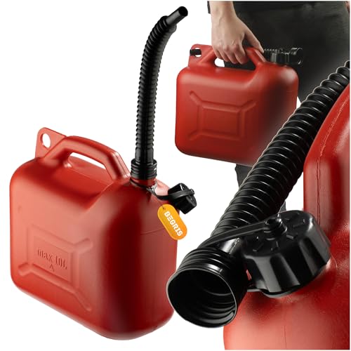 BEGRIS® Kanister Plastikowy 10L Na Paliwo, Olej, Bezynę, Baniak na Ropę z Lejkiem Atest, Czerwony Kanister Paliwowy 18 cm x 34 cm x 30 cm