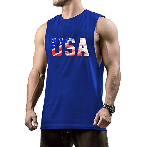 GYMLEADER Men's Casual T-Shirt USA Flag Bodybuilding Cut Workout Tank Tops-M