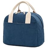 LOVELYWIND Insulated Navy Blue Lunch Bag for Women, Stylish Corduroy Tote with Aluminum Lining, Large Capacity Reusable Cooler for Work, Travel, or Beach, Beige Cream Water-Resistant Lunch Box