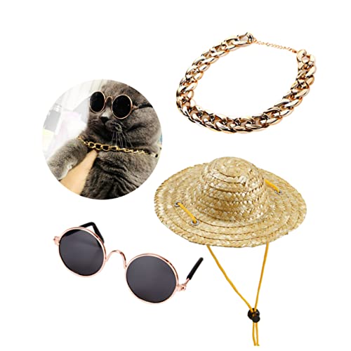 HANABASS Retro Style Pet Accessories Kit 3pc Set: Sunglasses Gold Necklace for Dogs Cats