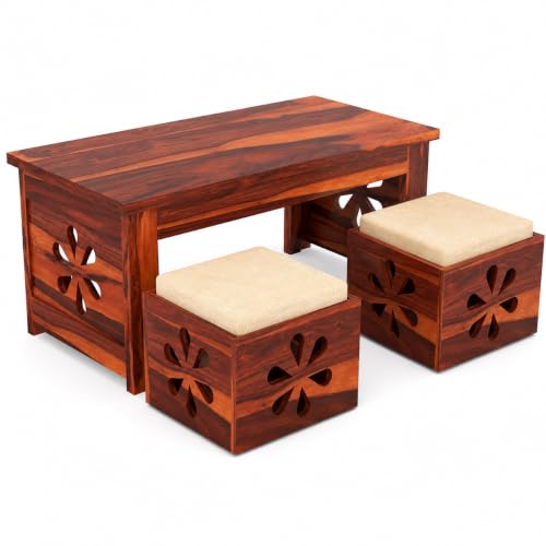 Image of Solid Sheesham Wooden Coffee Table with 2 Cushioned Stool|Teapoy Center Piece for Home Sofa Center Table for Living /Drawing Room,Hall|Space Saving Tea Table Set(Honey Finish) Floral Jali
