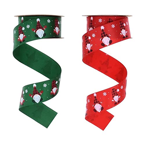 CheeseandU 2 Rollen Weihnachtswichtel mit Drahtrand, 2.5 cm, Weihnachtswichtel, Schneeflocken, dekoratives Weihnachtsband, Geschenkband für Weihnachten, Geschenkverpackungen, 9.1 m, Grün + Rot Cover