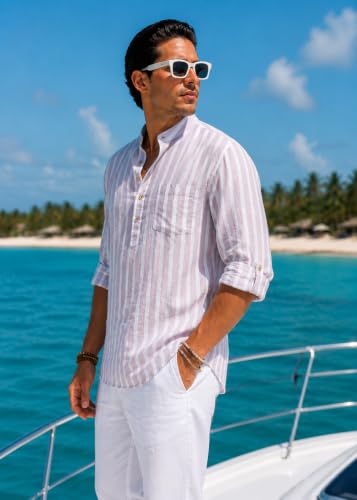 Image of Majestic Man Men's Pure Cotton Striped Mandarin Collar Regular Fit Roll-Up Sleeves Short Kurta