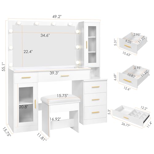 BEWISHOME 49.2" Large Vanity Desk with Mirror and Lights,White Makeup Vanity Table with Glass Top,Stool,Makeup Desk with Power Outlet,5 Drawers,Nightstand,Dressing Table for Bedroom Women FST34W