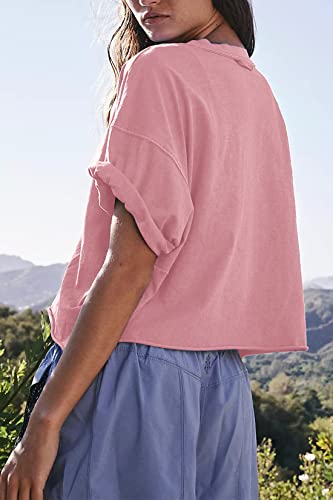 Women's Oversize Boxy Crop Tops Winter Half Sleeve Drop Shoulder T-Shirts Basic Workout Loose Yoga Tee Shirts Pink M #TOP3