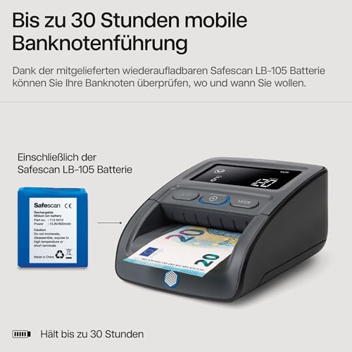 Safescan 155-S Complete autom. Geldscheinprüfer zur schnellen Überprüfung von Geldscheinen - Falschgeldprüfgerät mit 7-facher Echtheitsprüfung - 100% genaues Prüfgerät inkl. Akku & Banknotenstapler