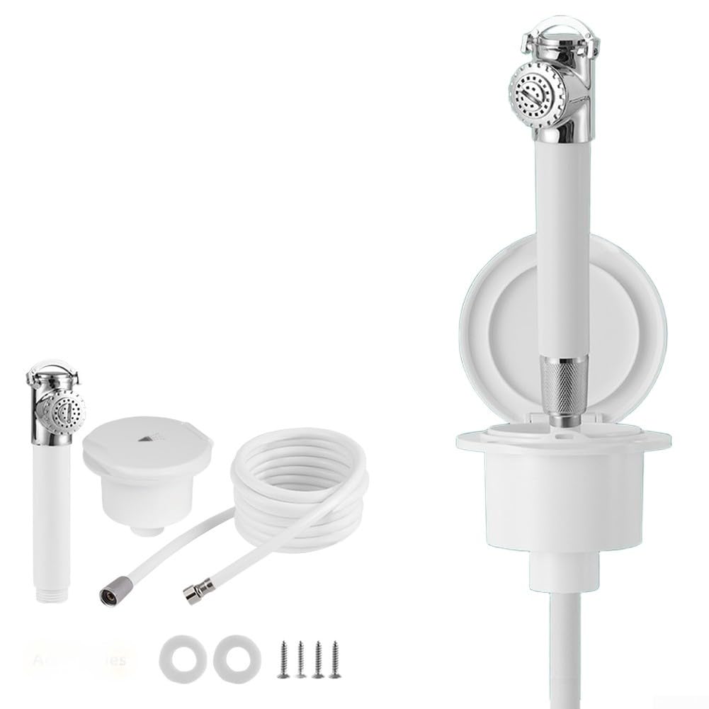Kit de cabezal de ducha retráctil para yate con spray a presión, acero inoxidable y plástico, juego de ducha marina para caravana, barco, al aire libre, manguera de PVC sin enredos, blanco
