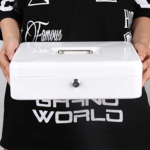 Image of Metal Cantilever Cash Box with Key Lock, Decaller Large Lock Money Box - 5 Compartments & 4 Spring-loaded Clips for Bills, White, 11 4 /5 inch x 9 2 /5 inch x 3 1 /2 inch, QH3010L