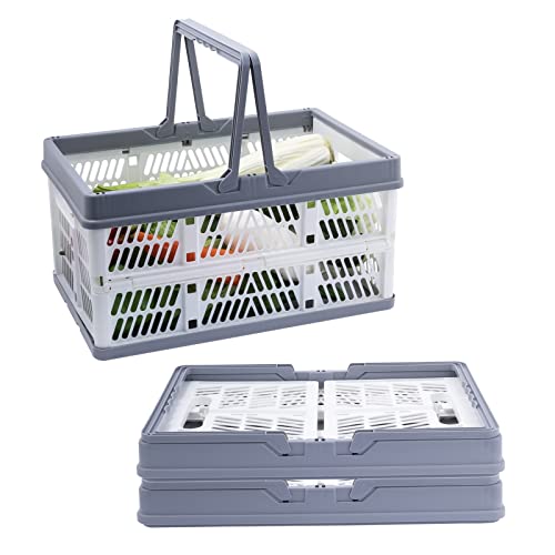 Xaztr 3 Pack Collapsible Storage Crates with Handles, Stackable Folding Storage Crate Plastic Shopping Baskets for Kitchen Bathroom Grocery Car Trunk (37.5 x 25 x 20.5 cm)