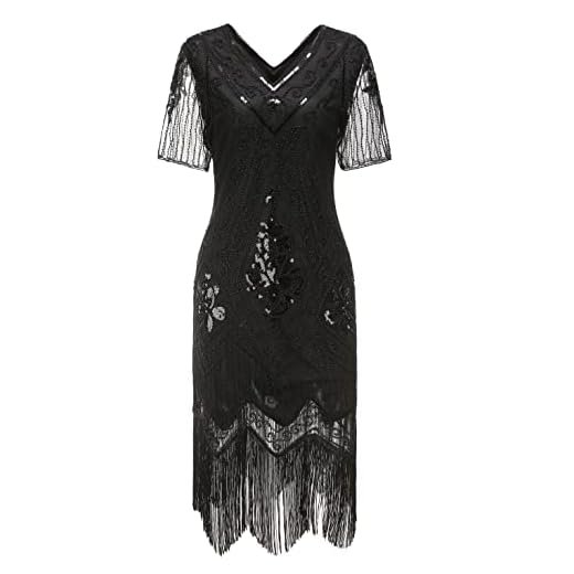 Gionforsy Damen 1920s Kleid mit Pailletten Kurzem Ärmel 20er Jahre Flapper Kostüm Kleid für Great Gatsby Motto Party Halloween Karneval Fasching (Schwarz, XL)