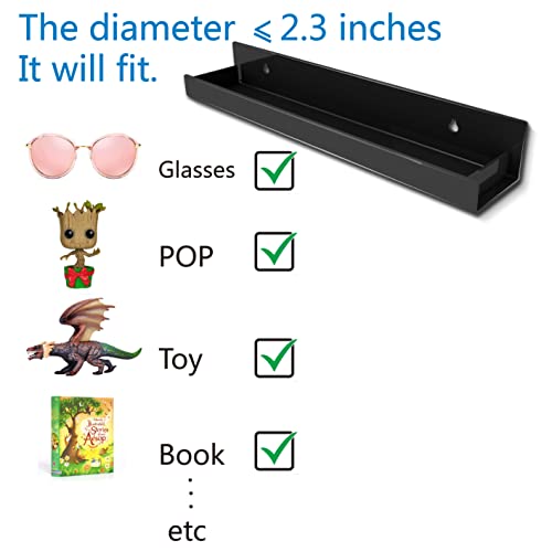 Image of 4 Pack 15 Inch Black Acrylic Floating Wall Shelves, Kids Bookshelf | Modern Display Shelf for Nail Polish, Sunglasses, Oils, Pictures & Toys