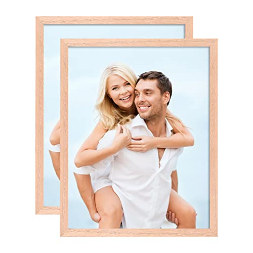 Bilderrahmen aus Massivholz, 20 x 25 cm, Eichen-Bilderrahmen, Galerie-Set mit Echtglasfront, Naturholzfarbe, Bilderrahmen mit Halterung für Wand oder Tisch, 2 Stück