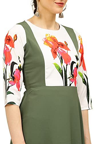 Image of Women's Crepe A-Line Printed Kurti(ALC9121MLT1 Military X-Small)