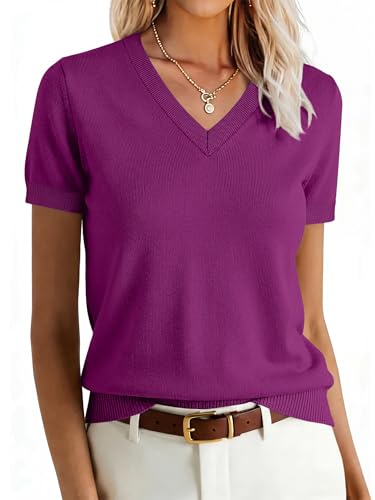 Image of ANRABESS Women Wool Blend Sweater Summer 2026 Short Sleeve V Neck Pullover Top Business Casual Outfit Beach Vacation Clothes