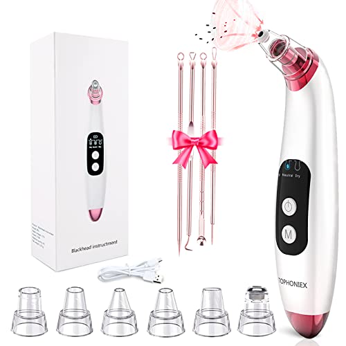 TOPHONIEX Blackhead Pore Vacuum Cleaner Remover, Blackhead Remover Vacuum Set Pore Vacuum Cleaner Newest Electric USB Rechargeable Pore Extractor with 6 Replaceable Suction Pores for All Skin