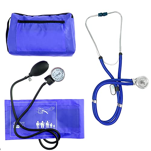 EMI Royal Blue Dual Head Sprague Rappaport Stethoscope and Manual Blood Pressure Adult Cuff Aneroid Sphygmomanometer Set