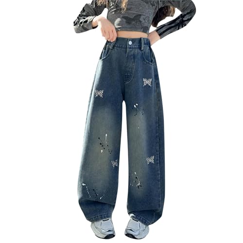 Girls Baggy Jeans Streetwear Butterfly Embroidery Elastic Waist Denim Pants Loose Wide Leg Jeans with (Blue, 9-10 Years)