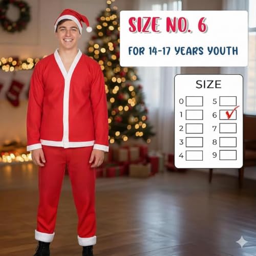 Image of PoPo Toys Santa Claus Costume for Christmas Youth 14-17 Years| Red Santa Suit with Coat, Pant, Hat & Bag | Xmas Party & Fancy Dress Outfit Size 6