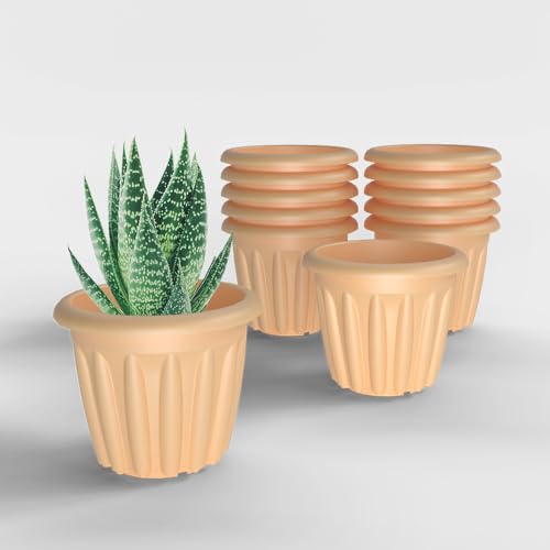 Image of YUCCABE ITALIA SHERA Floot Plastic Flower Pot Round Planter Suitable for Indoor Outdoor Kitchen Garden (Beige, 6 INCH - 12 Pcs)